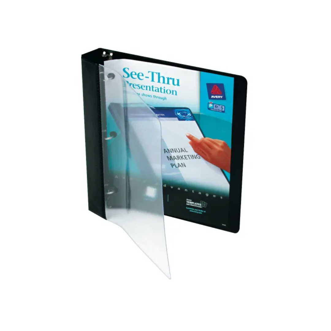 Folder con portada transparente, anillos redondos de 1", capacidad para 175 hojas, negro (10852)