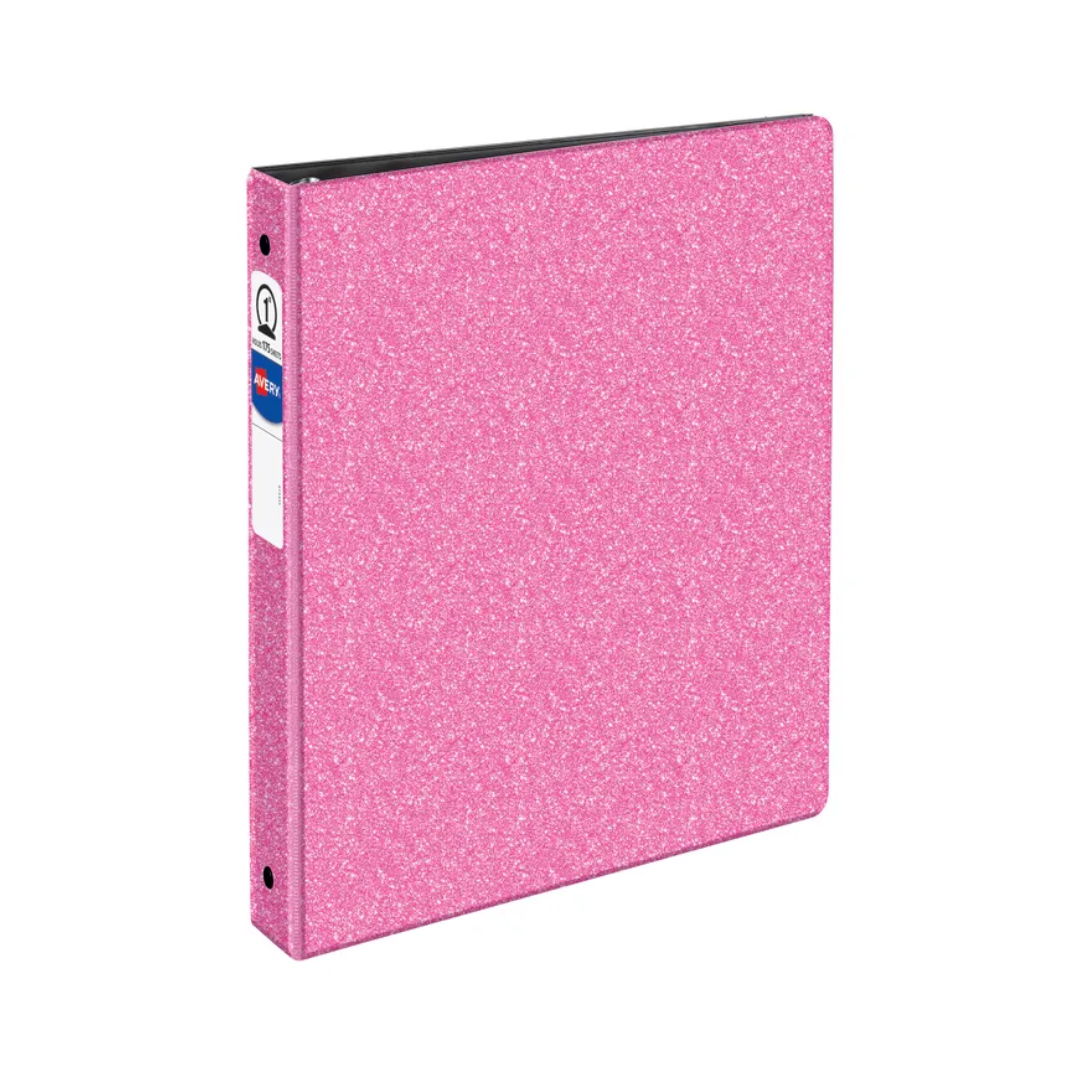 Folder con purpurina o escarcha rosa/negro, anillos redondos de 1", capacidad para 175 hoja (26760)
