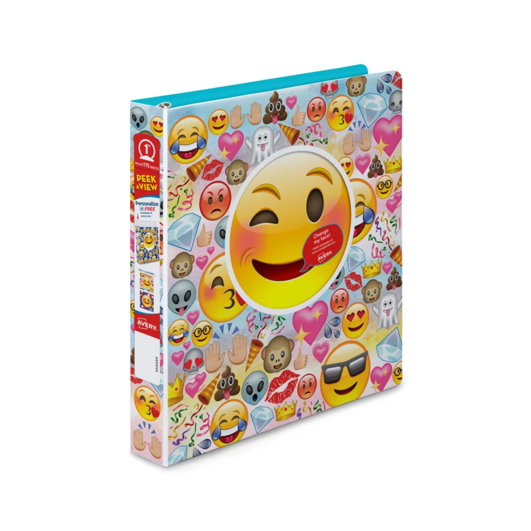 Avery® Folder Peek a view para personalizar, ™, anillos redondos de 1", capacidad para 175 hojas, collage de emojis (26754)