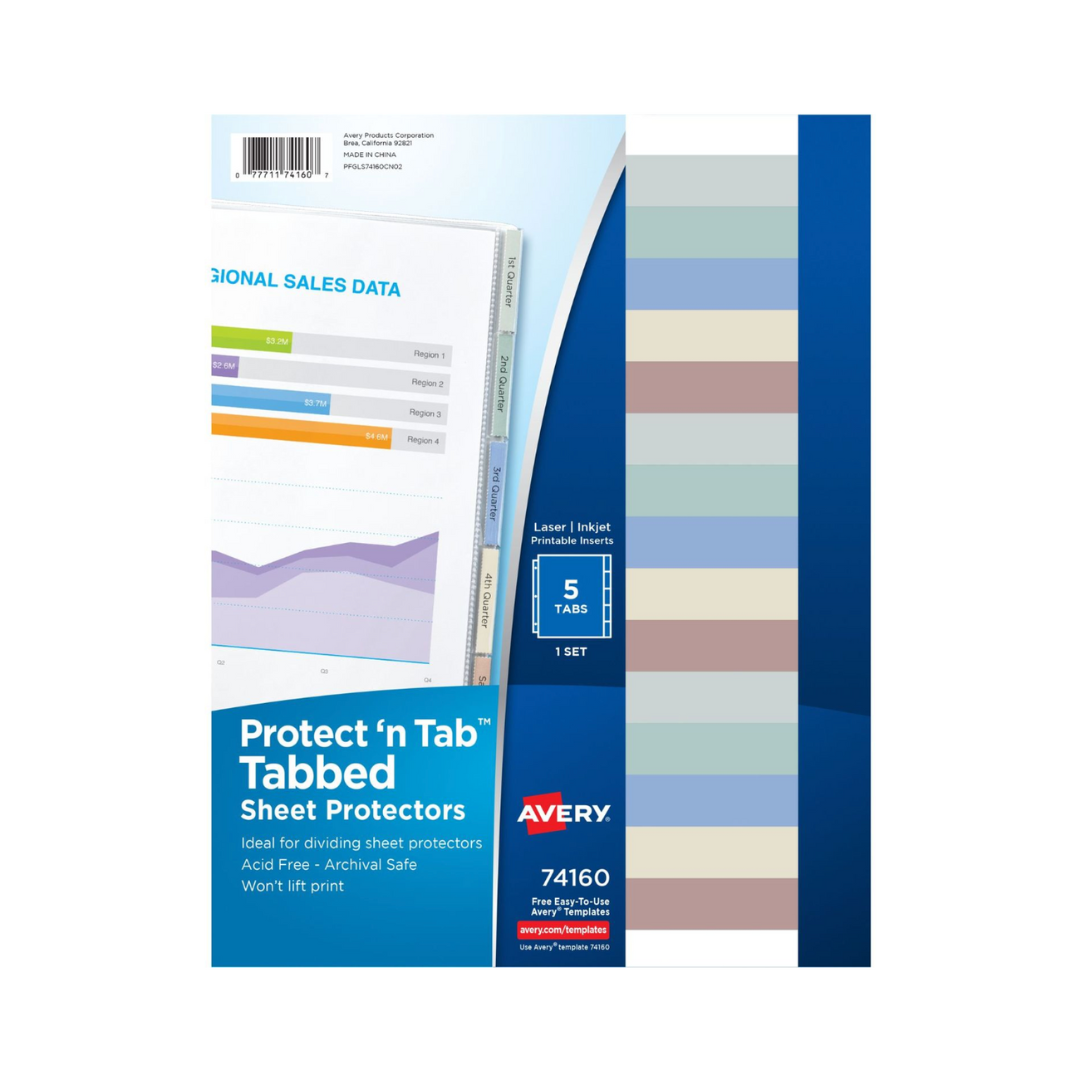 Avery® Protectores de hojas con pestañas,  juego de 5 protectores, 21.5 x 27.9 cms - carta, 5 unidades (74160)