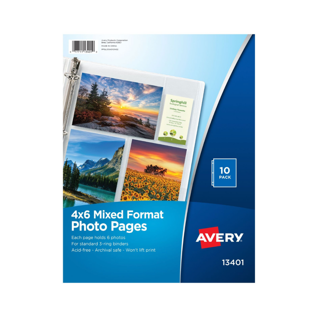 Avery® Páginas transparentes de formato mixto, sin ácido, para fotos de 15.2 x 10.2 cms, 10 hojas (13401)