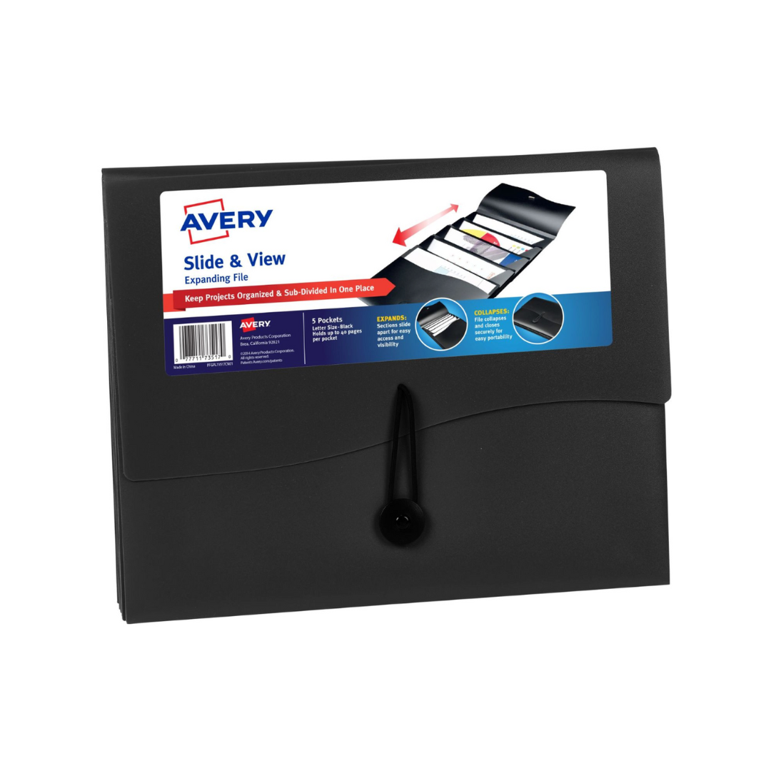 Avery® Carpeta expandible para deslizar, cinco bolsillos, tamaño carta, color negro (73517)