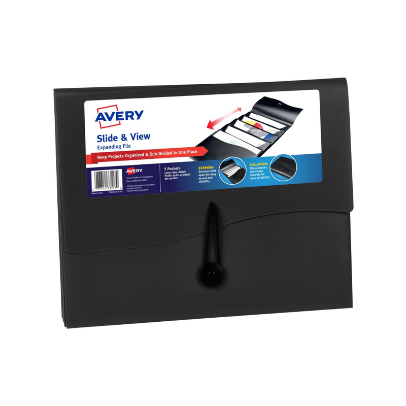 Avery® Carpeta expandible para deslizar, cinco bolsillos, tamaño carta, color negro (73517)