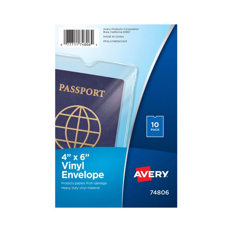 Avery® Sobres de vinilo para documentos de 10.2 x 15.2 cms, soporte para pasaporte, capacidad para 30 hojas, 10 sobres de vinilo transparente (74806) Avery® Sobres de vinilo para documentos de 10.2 x 15.2 cms, soporte para pasaporte, capacidad para 30 hojas, 10 sobres de vinilo transparente (74806)