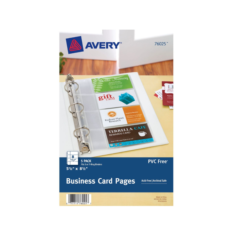 Avery® Hojas plásticas transparentes para organizar tarjetas de presentación, minicarpetas 14 x 21.5 cms, capacidad para 8 tarjetas cada hoja, 5 unidades (76025) Avery® Hojas plásticas transparentes para organizar tarjetas de presentación, minicarpetas 14 x 21.5 cms, capacidad para 8 tarjetas cada hoja, 5 unidades (76025)