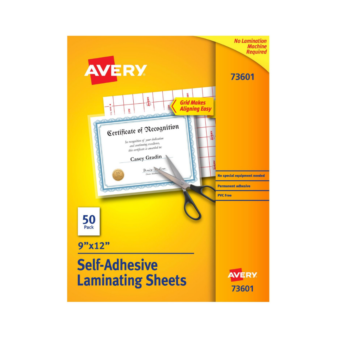 Avery® Hojas para laminado transparente, 30. 5 x 22.9 cms, autoadhesivo permanente, 50 hojas (73601)