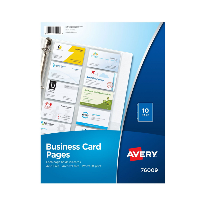 Avery® Hojas plásticas organizadoras para tarjetas de presentación, para carpeta de 3 anillos, 10 fundas, capacidad para 200 tarjetas en total (76009) Avery® Hojas plásticas organizadoras para tarjetas de presentación, para carpeta de 3 anillos, 10 fundas, capacidad para 200 tarjetas en total (76009)