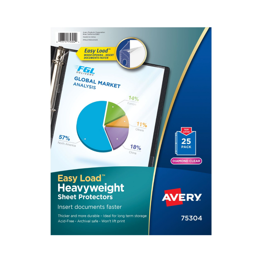 Avery® Protectores de hojas de alta resistencia transparentes, carga fácil, 25 protectores de hojas plásticos (75304)