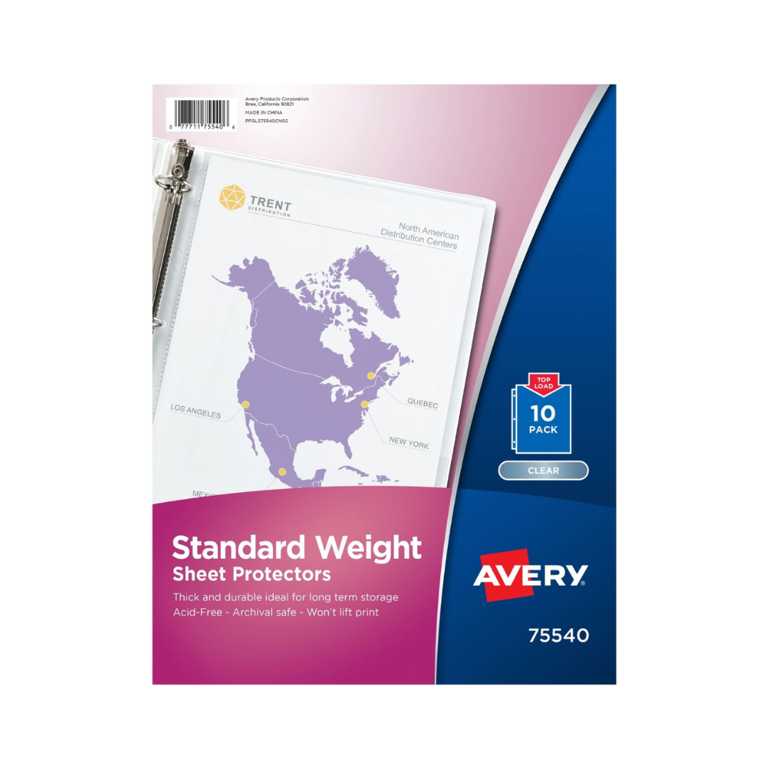 Avery® Protectores de hojas resistencia estándar, transparentes, carga superior, 10 protectores de hojas plásticos (75540)