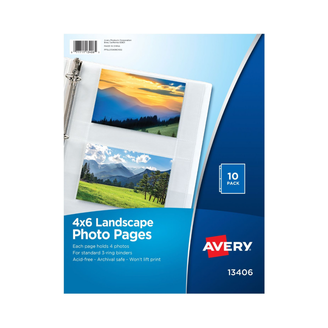 Avery® Hojas protectoras de fotografías, transparentes, horizontales, sin ácido, para fotos de 15.2 x 10.2 cms, 10 hojas (13406)