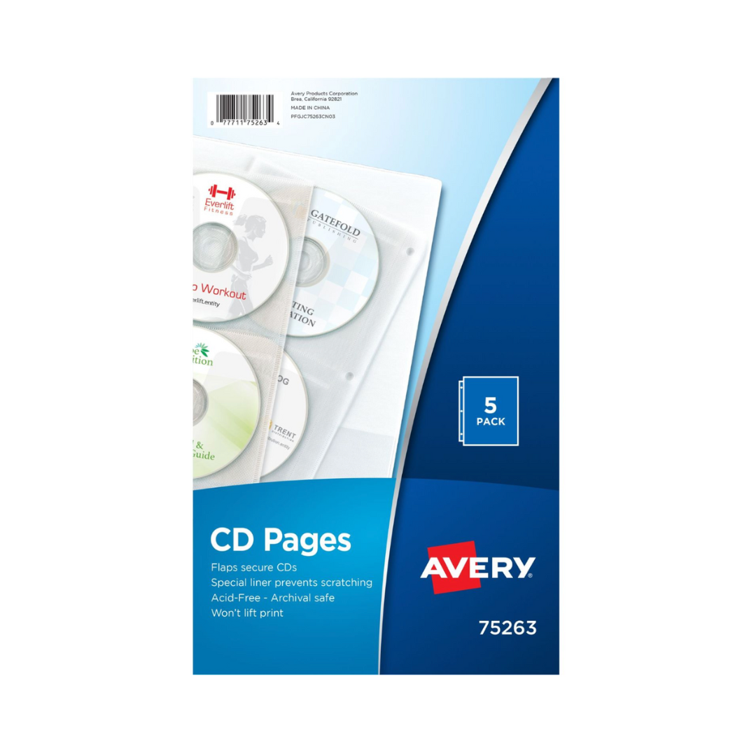 Avery® Hojas transparentes organizadoras de CD/DVD para carpeta de 3 anillos, dos caras, capacidad para 4 CD cada una, paquete de 5 hojas (75263)