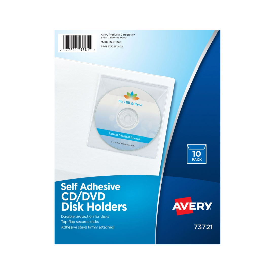 Avery® Soportes transparentes autoadhesivos para CD/DVD/Discos, carga superior con solapa, paquete por 10 unidades (73721)