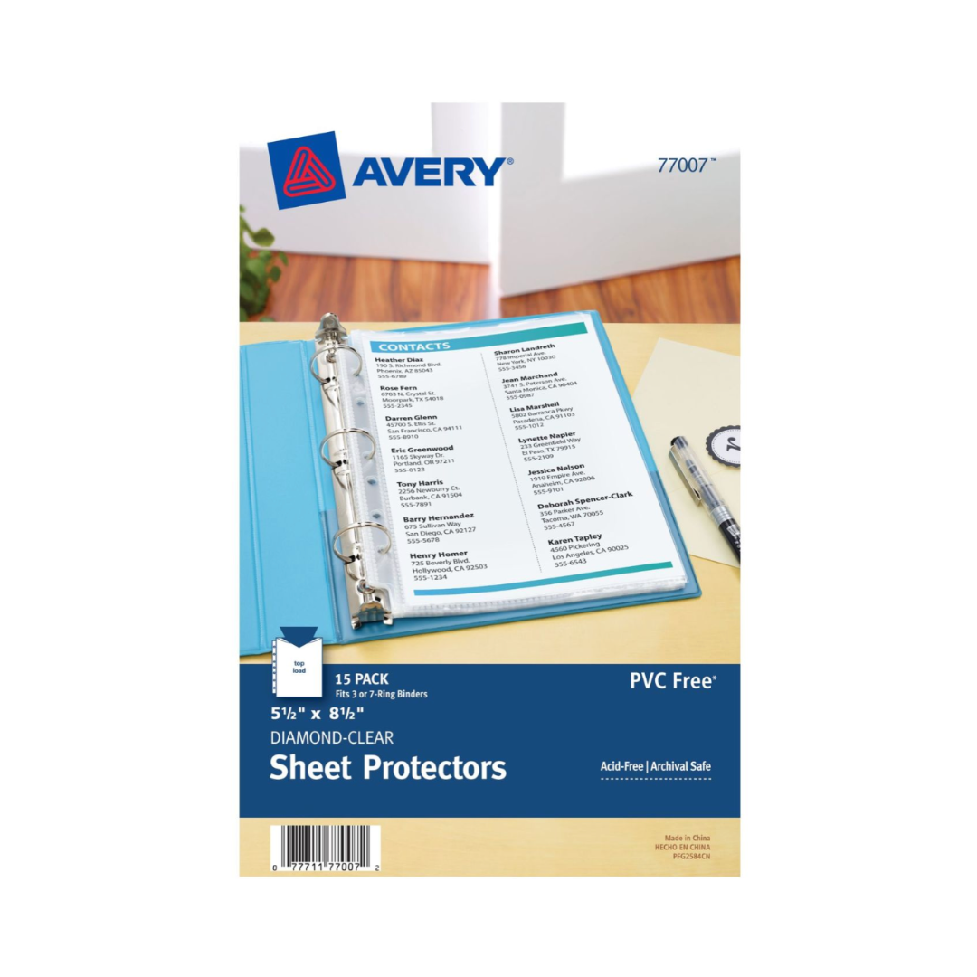 Avery® Miniprotectores transparentes de alta resistencia, tamaño 14 x 21.5 cms, 15 protectores para hojas plásticos (77007)