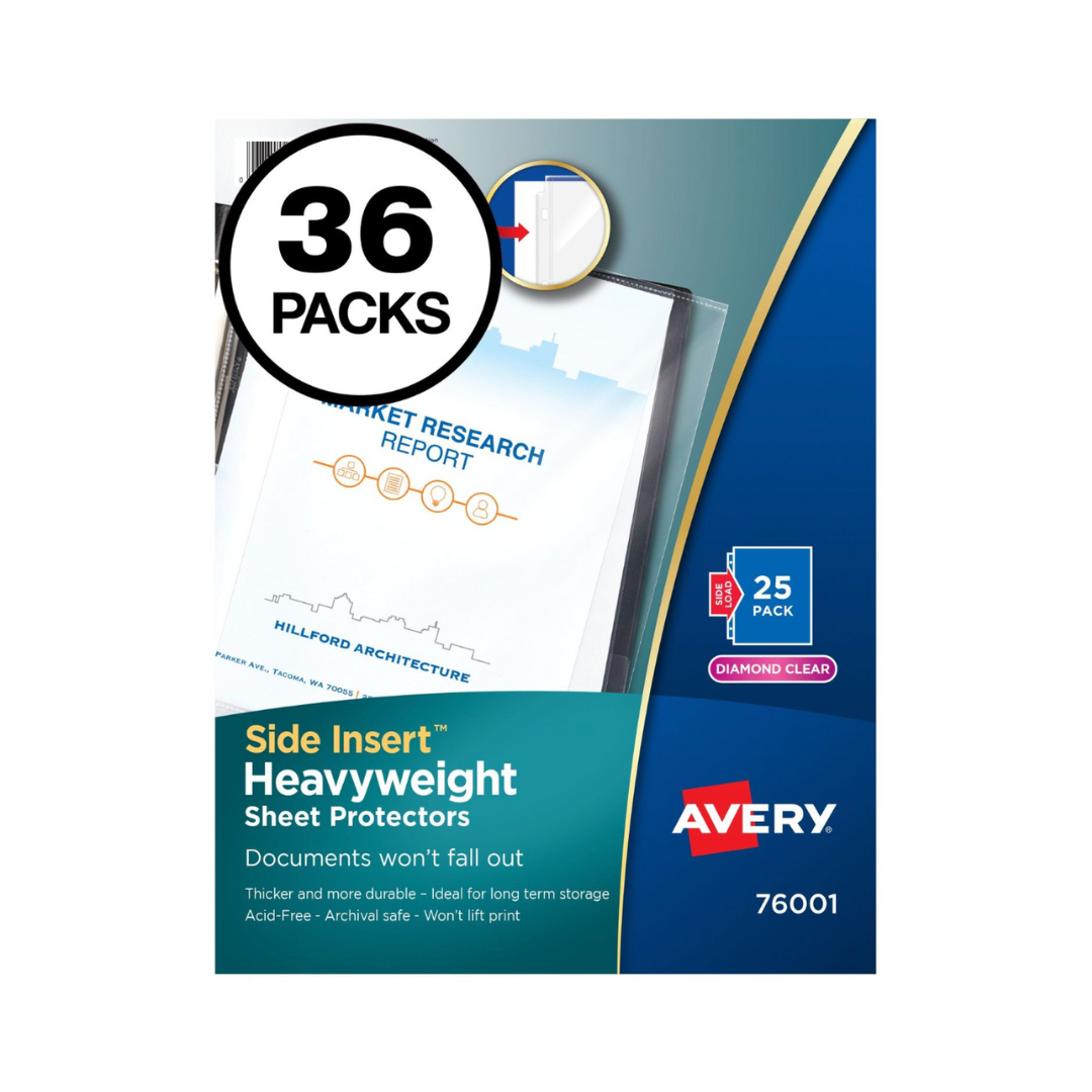 Avery® Protectores de hojas transparentes, alta resistencia, carga lateral, tamaño carta - 21.5 x 27.9 cms, 25 unidades (76001)