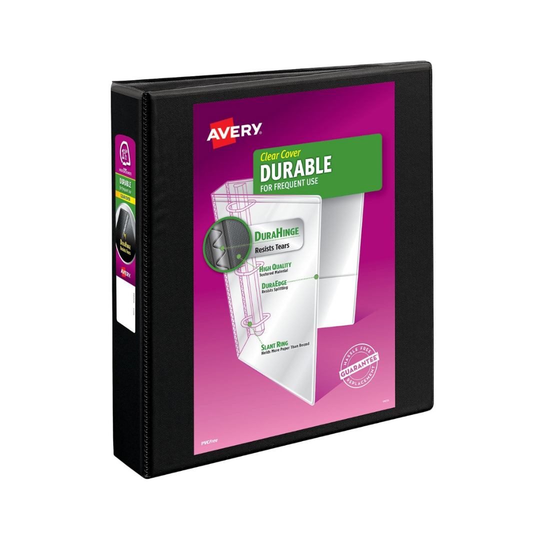 Folder Durable para personalizar, negro, anillos EZD de 1.5", capacidad para 400 hojas, DuraHinge (09400)