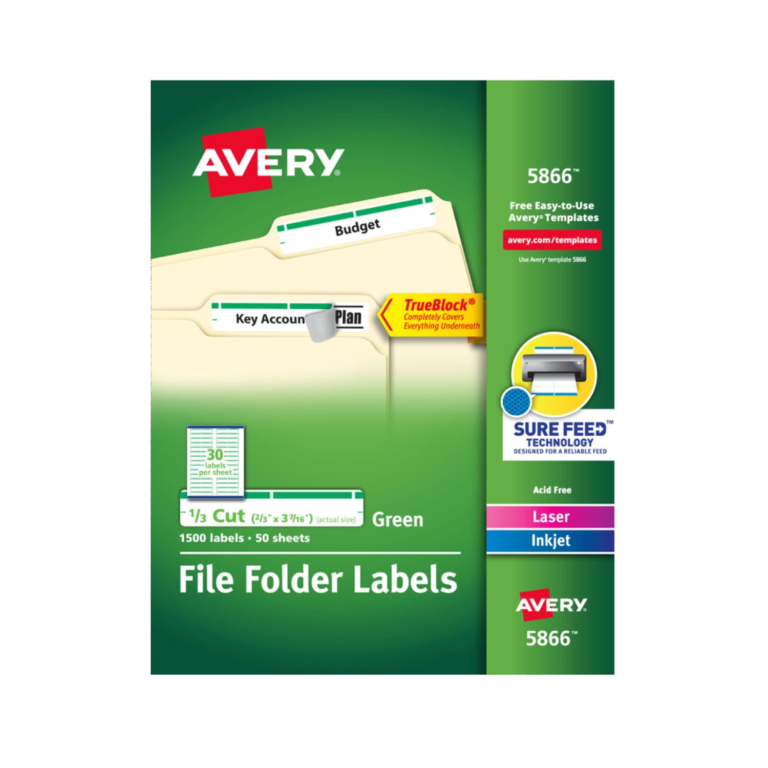 Avery® Etiquetas para carpetas de archivos TrueBlock®, tecnología Sure Feed™, adhesivo permanente, verde, 8.7 x 1.7 cms, 1500 etiquetas (5866)