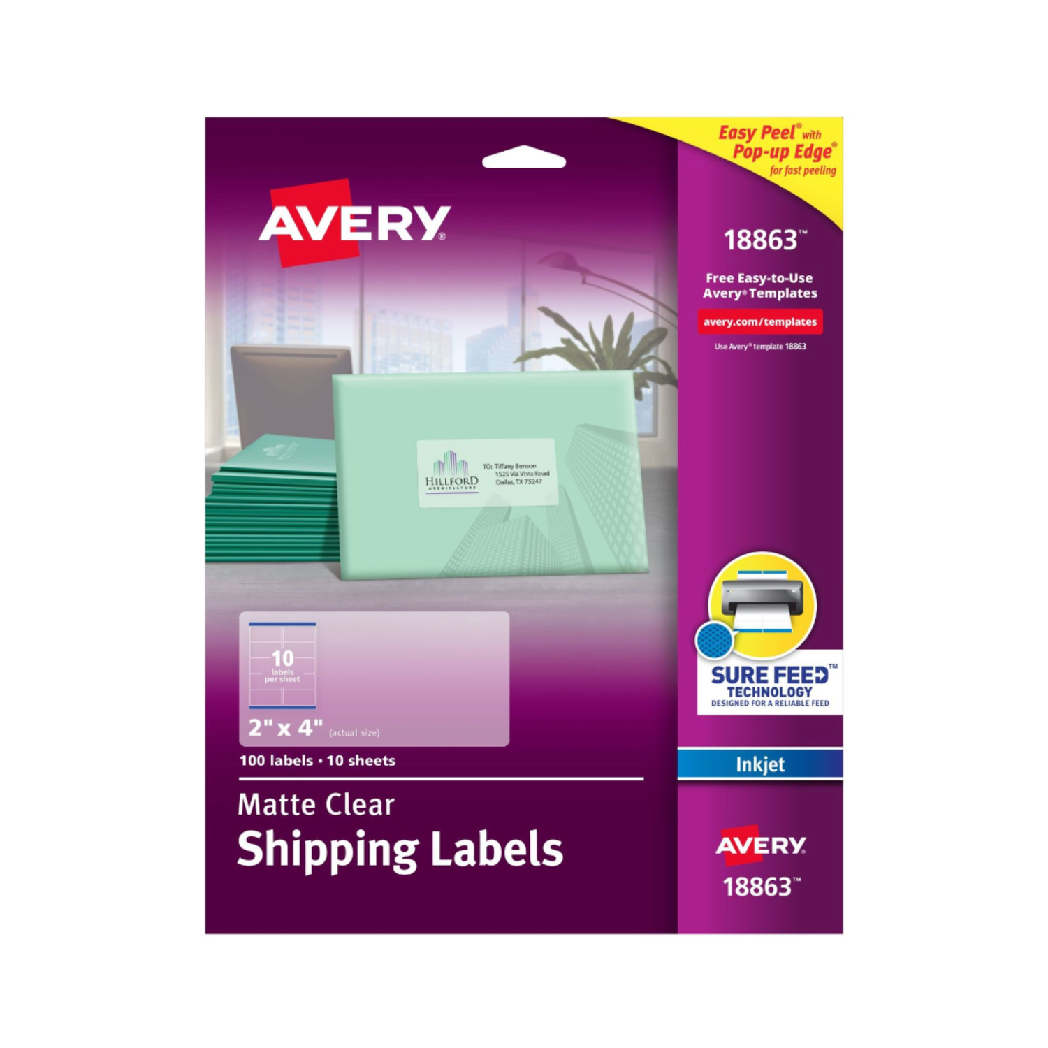 Avery® Etiquetas para envío transparentes mate, tecnología Sure Feed™, impresora inkjet, 10.2 x 5.08 cms, 100 etiquetas (18863)