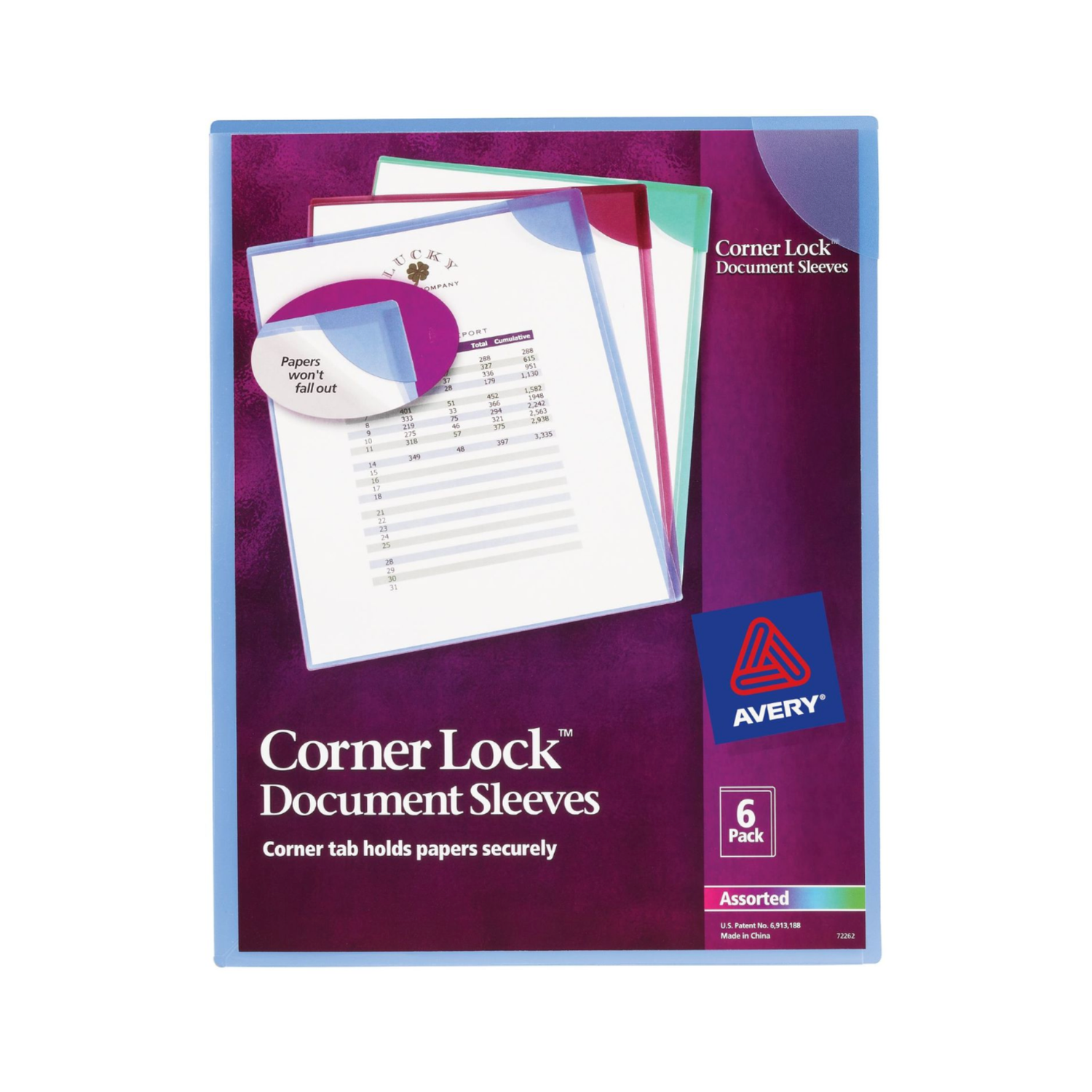 Avery® Bolsillos protectores para documentos con pestaña aseguradora, capacidad para 20 hojas, colores surtidos, 3 fundas de plástico (72227)
