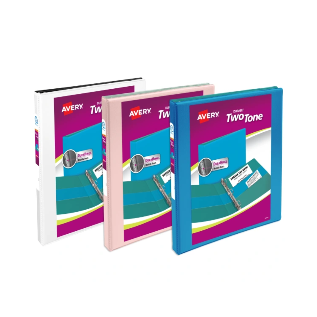 Folder Durable para personalizar de dos tonos, anillos inclinados de 0.5", capacidad para 120 hojas, DuraHinge™, colores surtidos (17241)