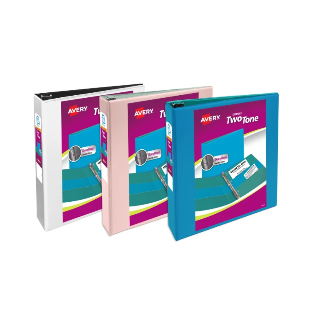 Folder Durable para personalizar de dos tonos, anillos inclinados de 1.5", capacidad para 375 hojas, colores surtidos (17291)