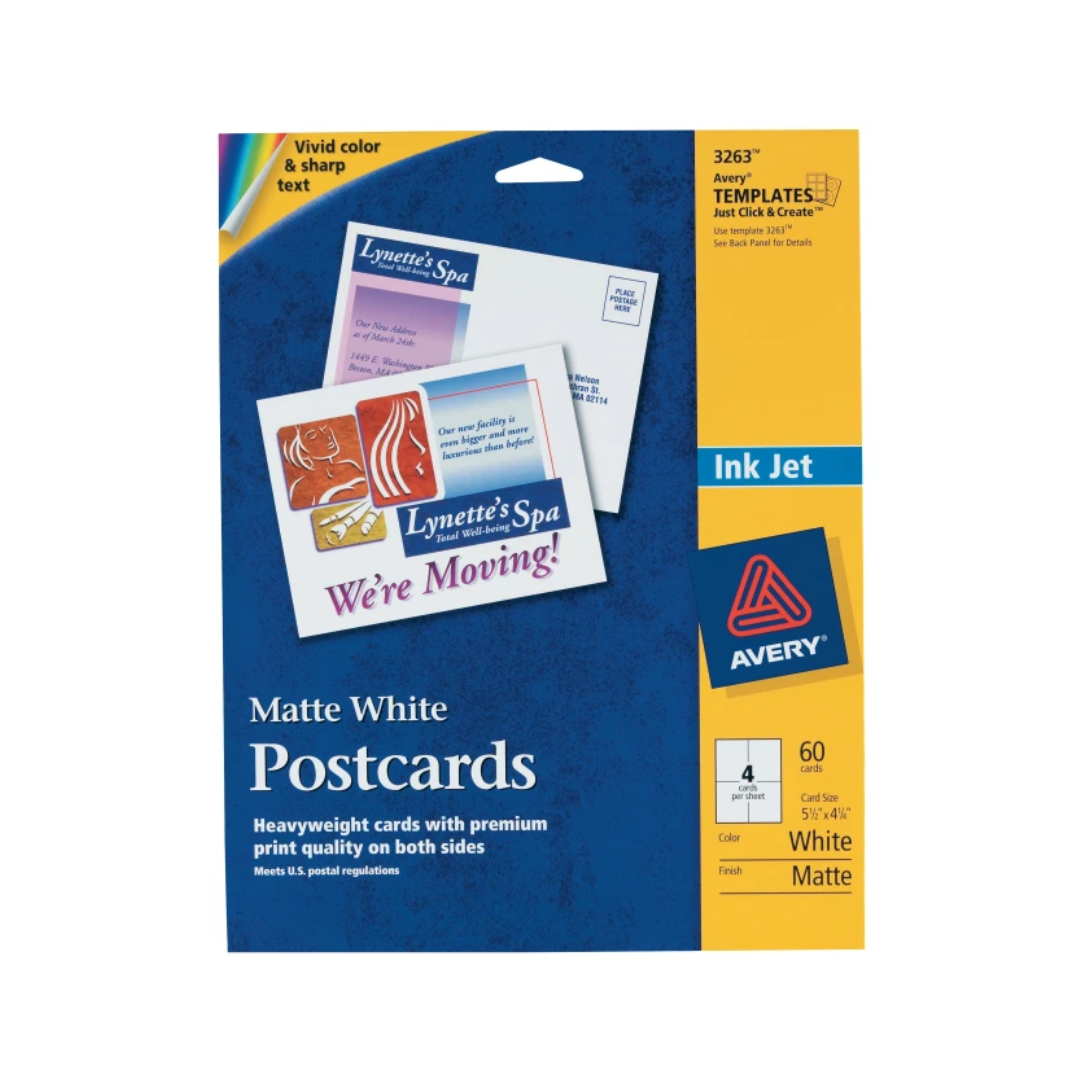 Avery® Postales imprimibles, blanco mate, 14 x 10.8 cms, 60 tarjetas (3263)