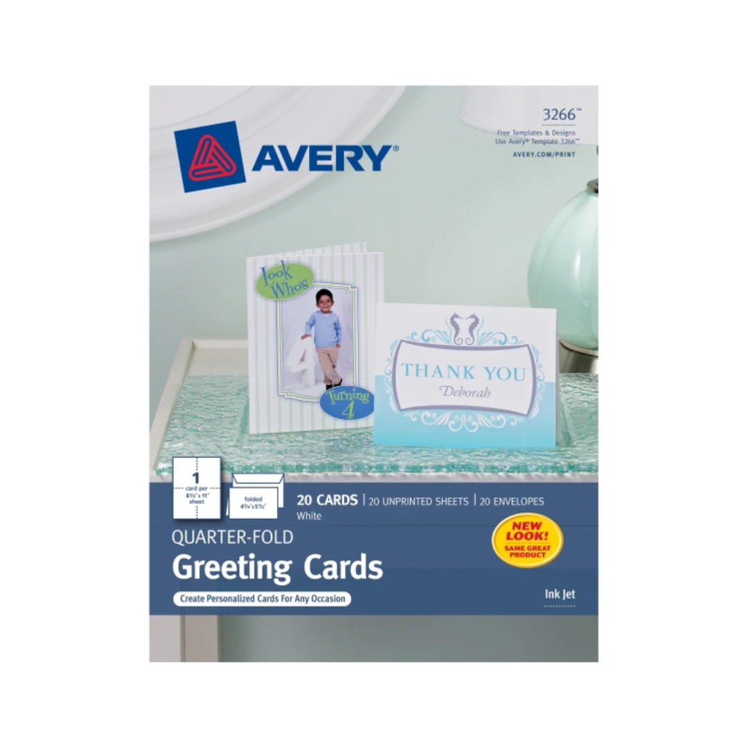 Avery® Tarjetas de felicitación dobladas en cuartos, 10.8 x 14 cms, blanco mate, 20 tarjetas con sobres (3266)