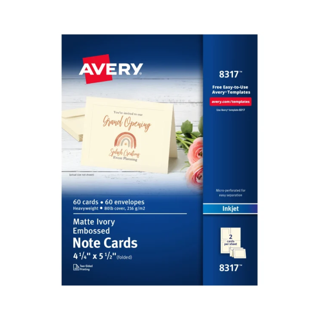 Avery® Tarjetas para notas con sobres, 10.8 x 14 cms, color marfil con borde en relieve, 60 tarjetas de notas en blanco (8317)