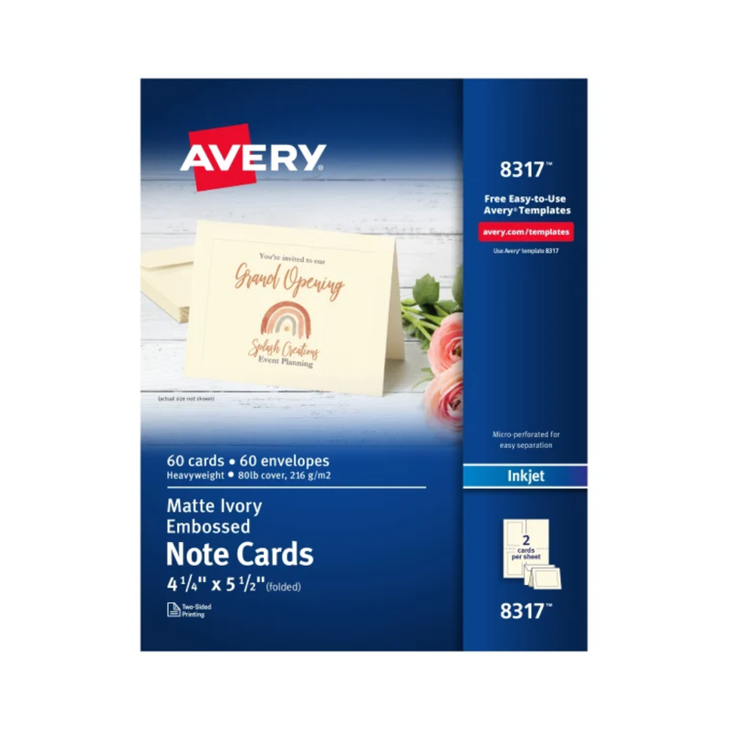 Avery® Tarjetas para notas con sobres, 10.8 x 14 cms, color marfil con borde en relieve, 60 tarjetas de notas en blanco (8317)