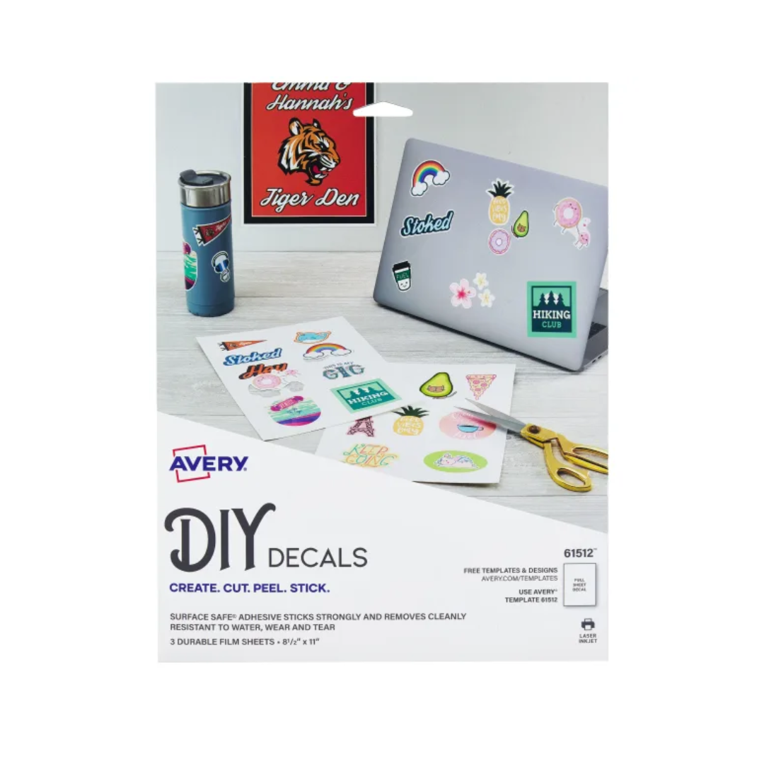 Avery® Calcomanías DIY con adhesivo Surface Safe™, 21.5 x 27.9 cms, resistente al agua y al desgarro, 3 hojas (61512)