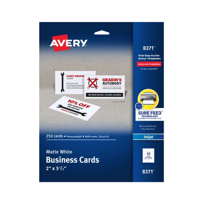 Avery® Tarjetas de presentación con tecnología Sure Feed, 8.9 x 5.1 cms, blancas, 250 tarjetas en blanco para impresoras de inyección de tinta (8371) Avery® Tarjetas de presentación con tecnología Sure Feed, 8.9 x 5.1 cms, blancas, 250 tarjetas en blanco para impresoras de inyección de tinta (8371)