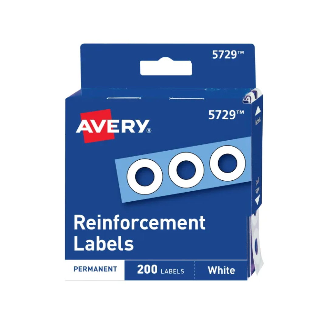 Avery® Etiquetas adhesivas, refuerzo para orificios de hojas, tamaño 1.4 cms de diámetro, orificio interno  0.6 cms, blanco, no imprimibles, 200 refuerzos en total (5729)