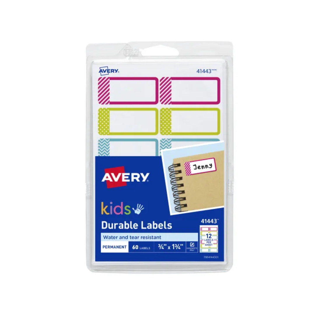 Avery® Etiquetas durables para niños, flexibles y duraderas, adhesivo permanente, escritura a mano, 4.4 x 1.9 cms, 48 etiquetas (41443)