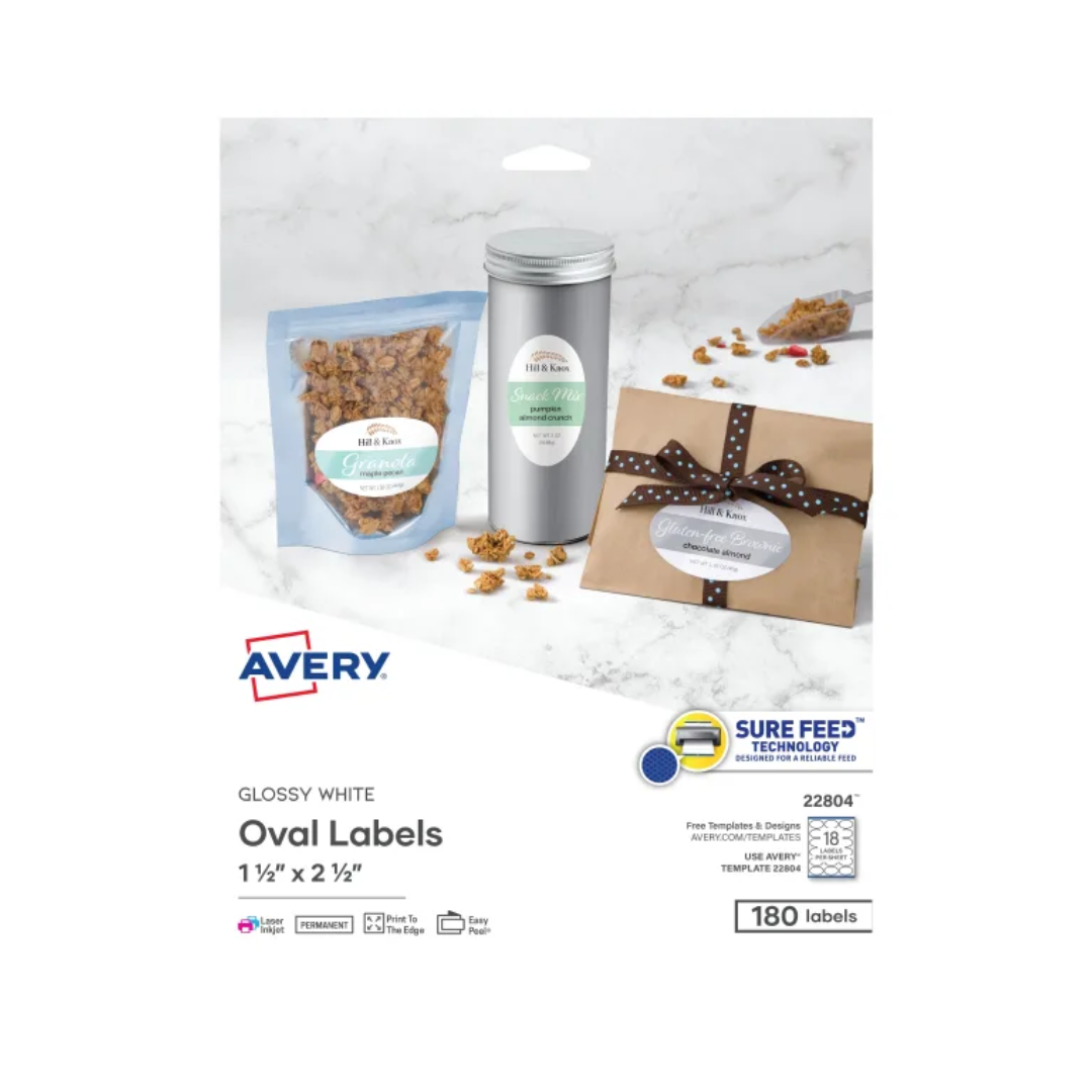 Avery® Etiquetas ovaladas de 6.4 x 3.8 cms, SureFeed, 180 etiquetas, adhesivo permanente, blanco brillante (22804)