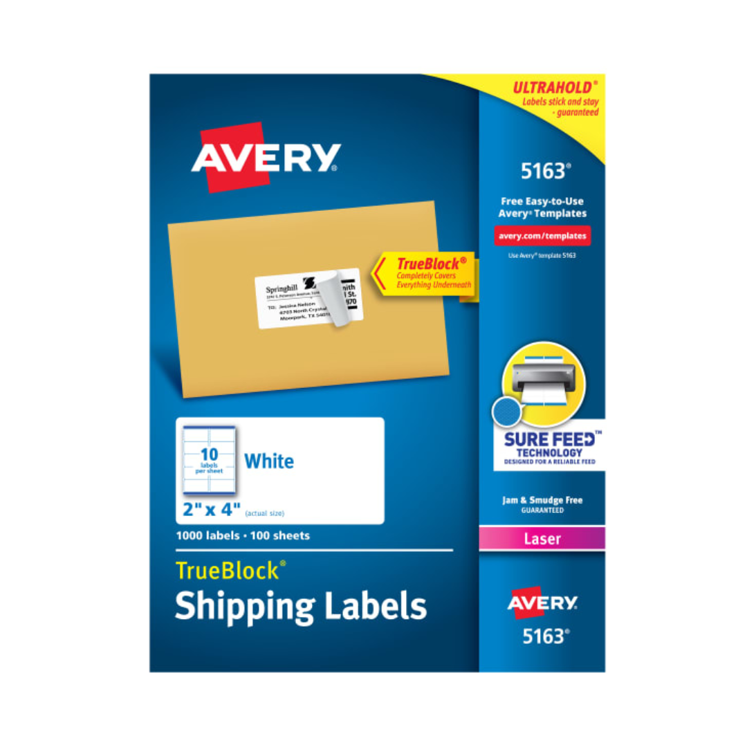 Avery® Etiquetas para envíos, TrueBlock®, tecnología Sure Feed™, adhesivo permanente, 10.2 x 5.1 cms, 1000 etiquetas (5163)