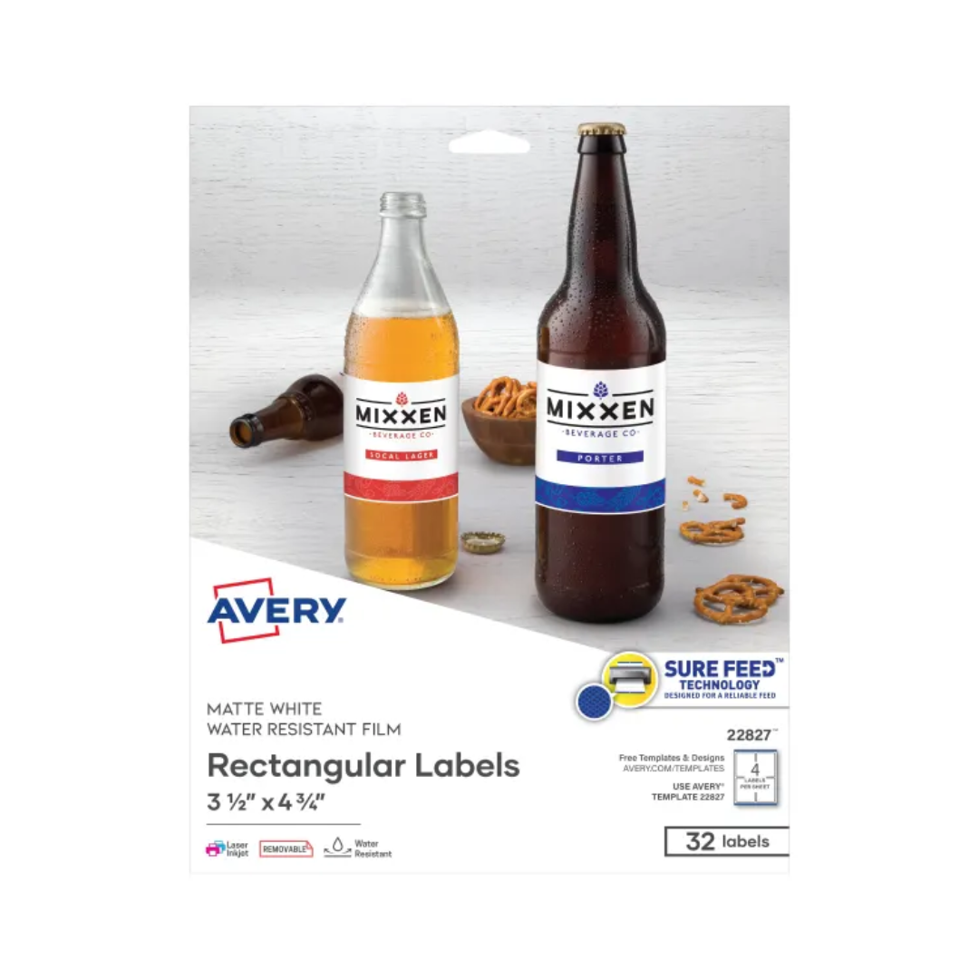 Avery® Etiquetas rectangulares resistentes al agua de 12.1 x 8.9 cms, con Sure Feed™, 32 etiquetas, adhesivo removible, blanco (22827)
