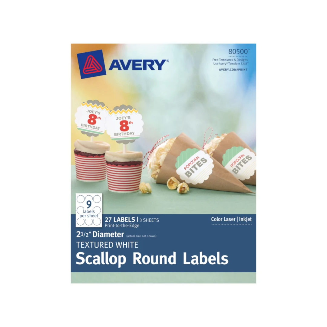 Avery® Etiquetas redondas festoneadas de 6.4 cms de diámetro con Sure Feed™, blanco mate texturizado, 27 etiquetas, adhesivo permanente (80500)
