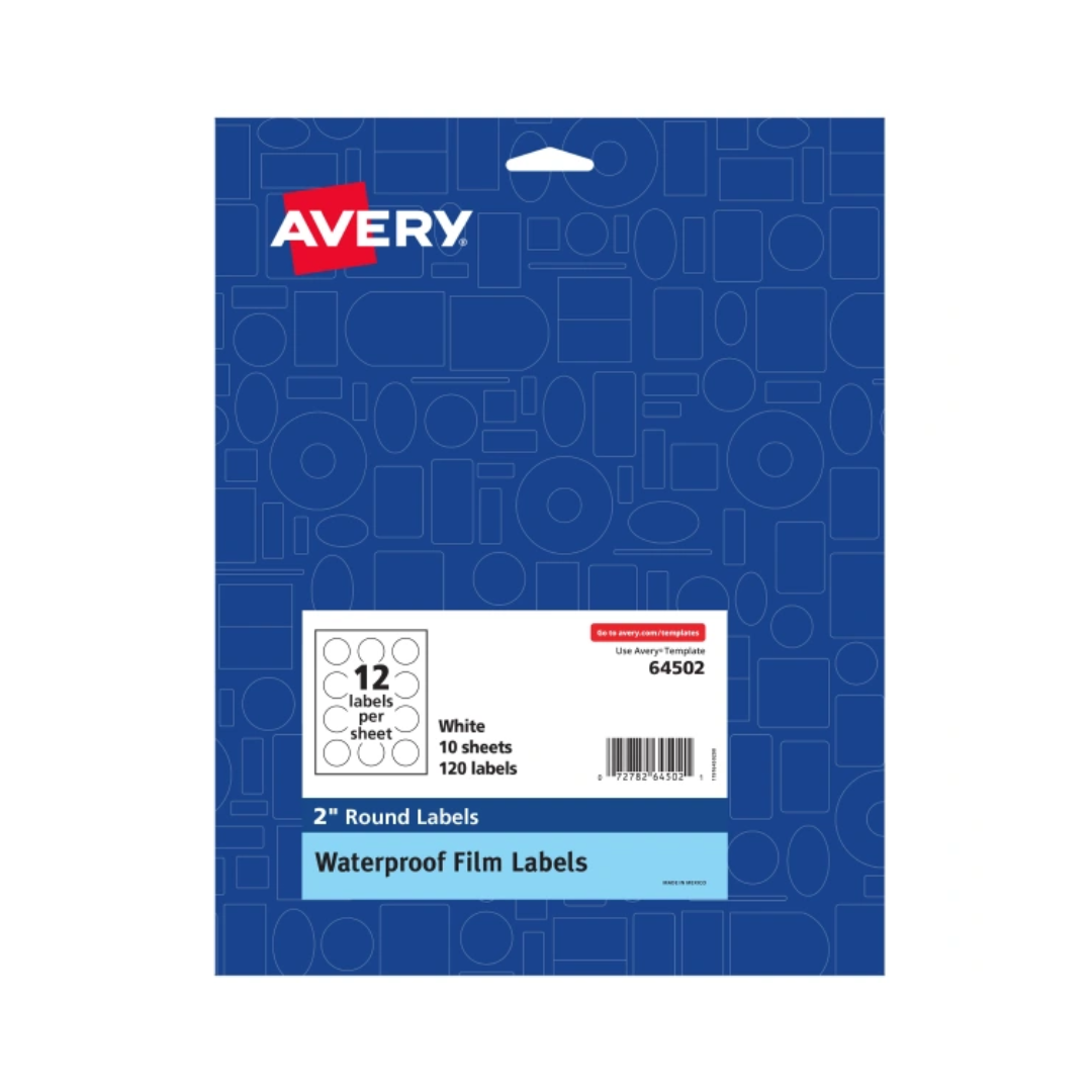 Avery® Etiquetas redondas impermeables, con tecnología Sure Feed, redondas de 5.1 cms, láser/inyección de tinta pigmentada, 120 etiquetas (64502)