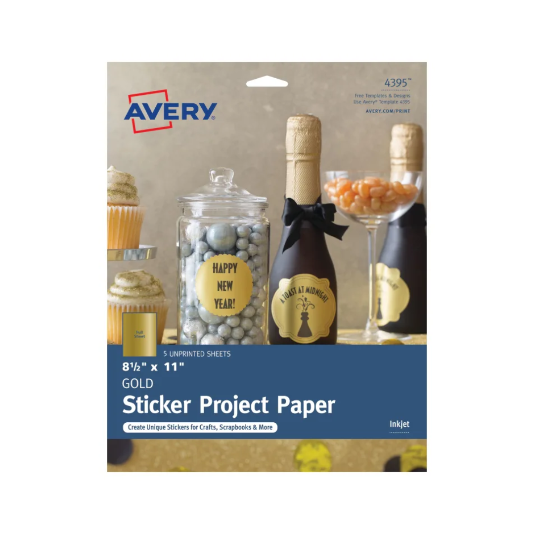 Avery® Papel adhesivo dorado permanente para proyectos, 21.5 x 27.9 cms, impresora de inyección de tinta, 5 hojas doradas (4395)