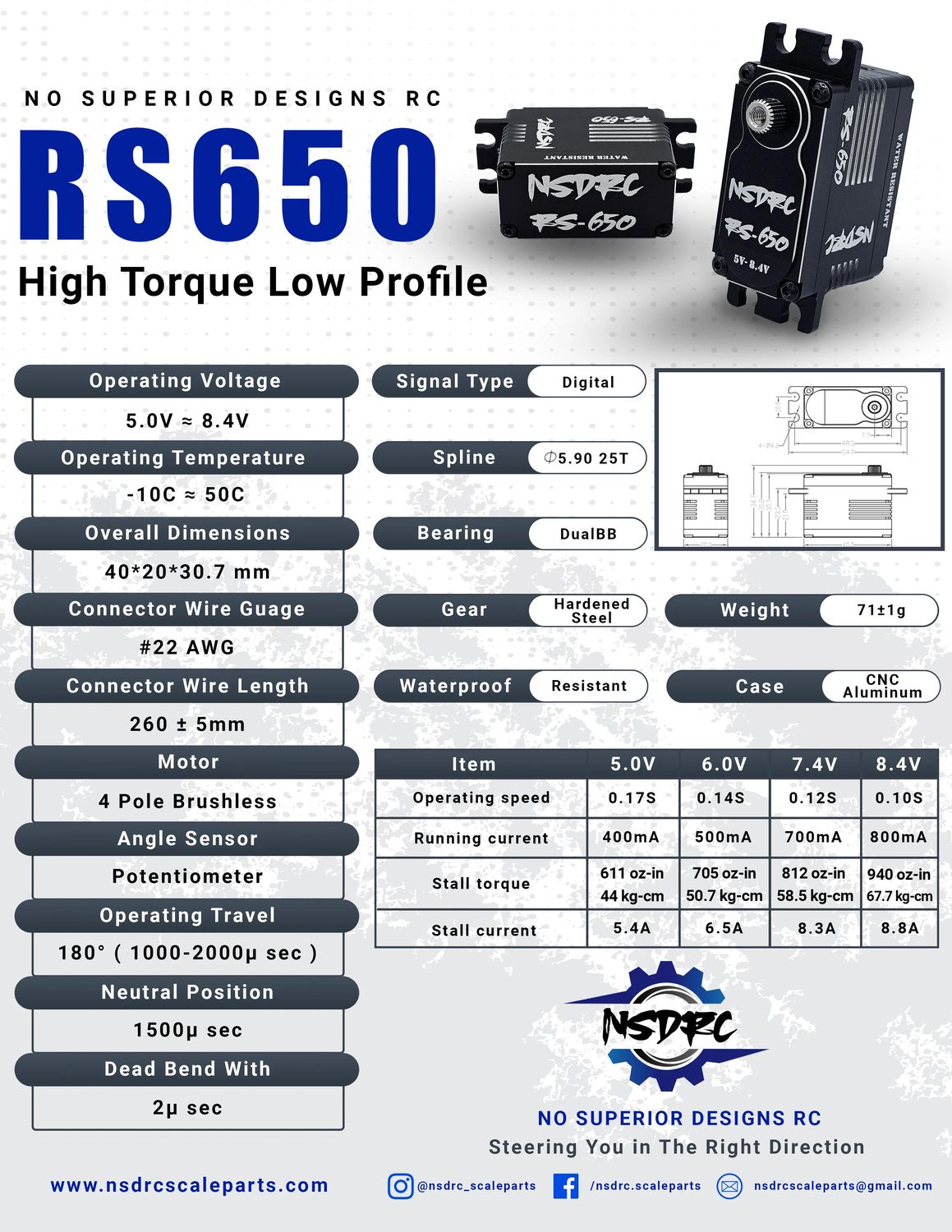 RS650 HIGH TORQUE LOW PROFILE 8.4V BRUSHLESS SERVO
