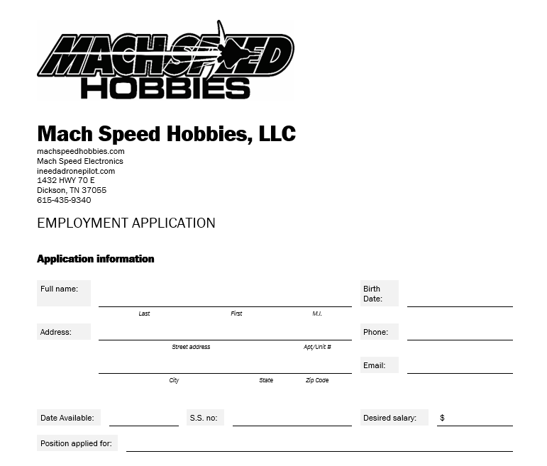 Mach Speed Hobbies LLC Employment Application