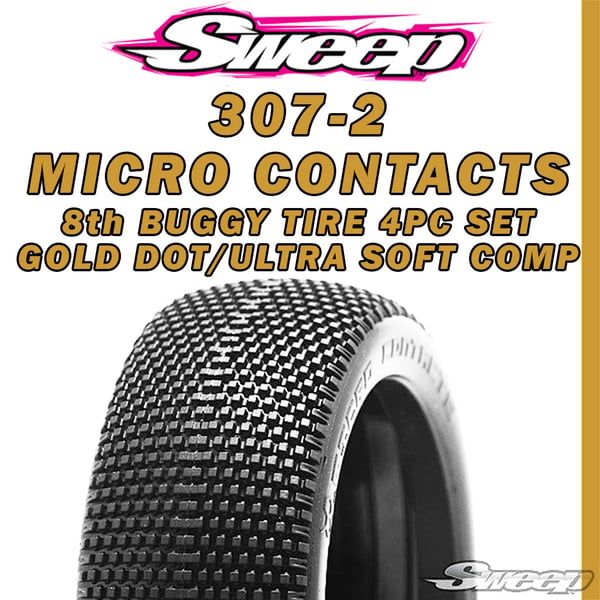 Sweep Racing 8th Buggy Micro Contacts Ultra Soft Compound Gold dot 4pcs tire set w/8th Buggy V4 Indigo C9 Cloud9 Closed cells foam 4pc set