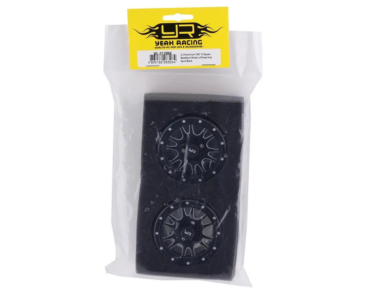 YEA-WL-0119BK  Yeah Racing 2.2&quot; Aluminum 12-Spoke Beadlock Wheels w/12mm Hex (Black) (2)