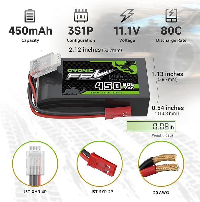 11.1V 80C 450mAh 3S Lipo Battery with JST Plug