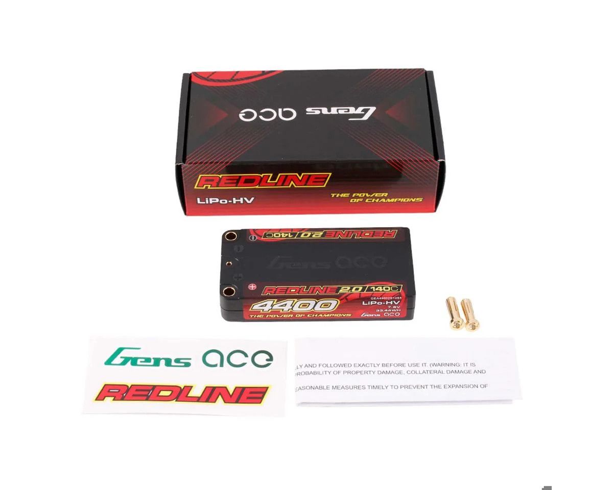 Gens ace Redline 2.0 4400mAh 2S 7.6V 140C HardCase Lipo Battery with 5.0mm bullet