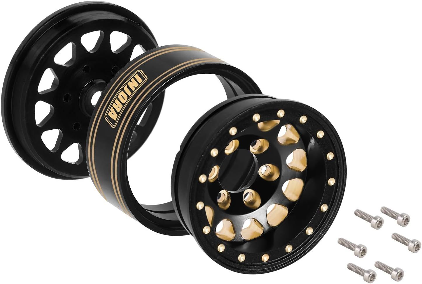 INJORA 1.3 Beadlock Wheel Rims - Brass Wheel Rims 68g -3.75mm for upgrade 1/24 1/18 RC Crawler Car (Black Gold)