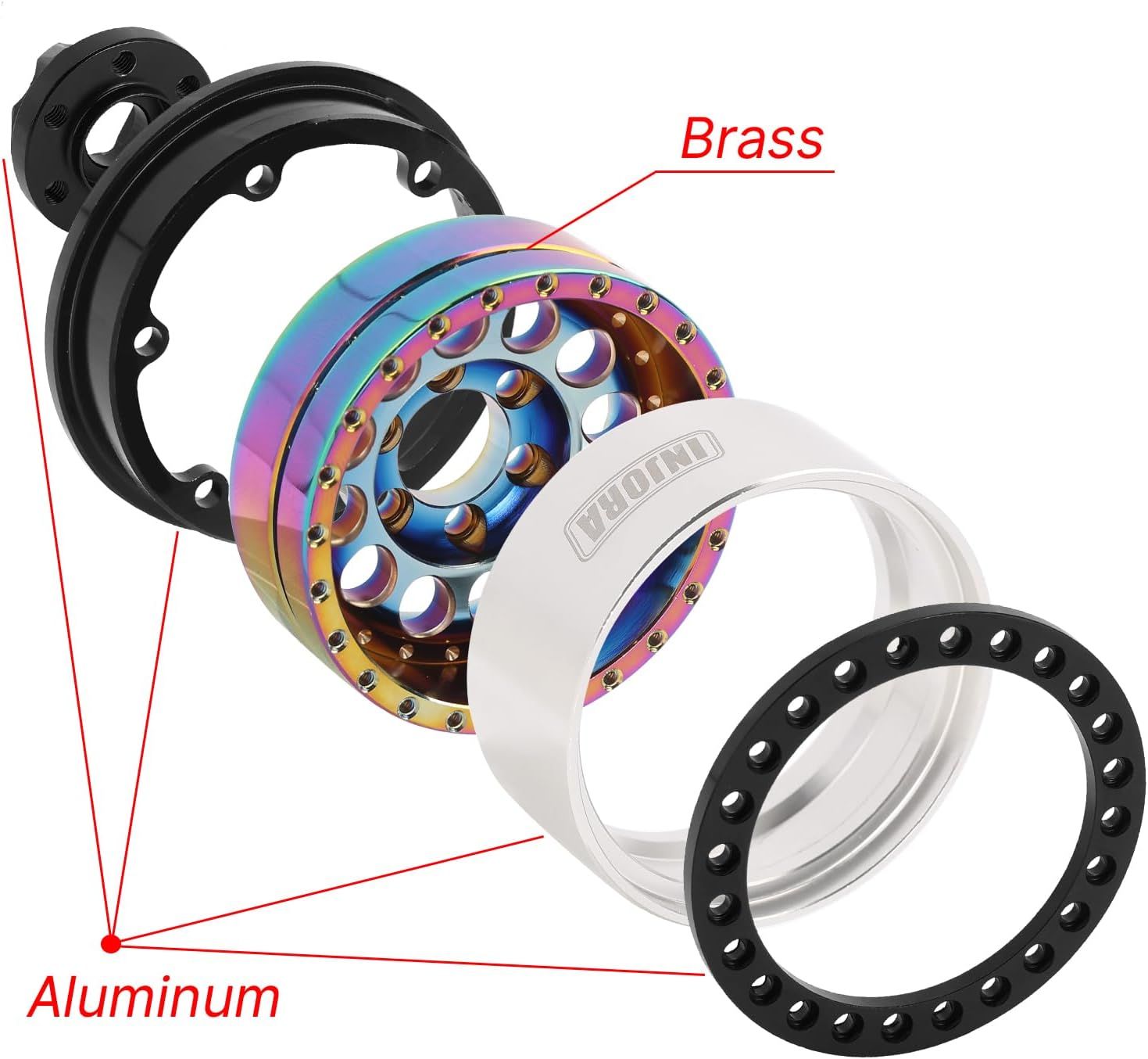 INJORA 1.9" Beadlock Wheel Rim - 150g Super Heavy Brass &amp; Aluminum Deep Dish Wheel for 1/10 RC Crawler  (Rainbow)