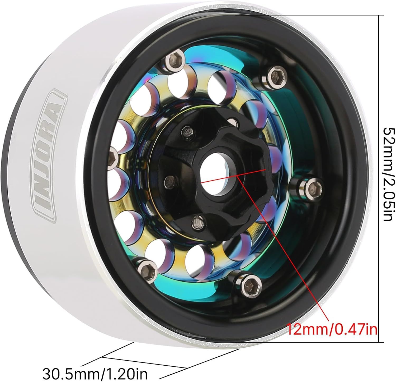 INJORA 1.9" Beadlock Wheel Rim - 150g Super Heavy Brass &amp; Aluminum Deep Dish Wheel for 1/10 RC Crawler  (Rainbow)