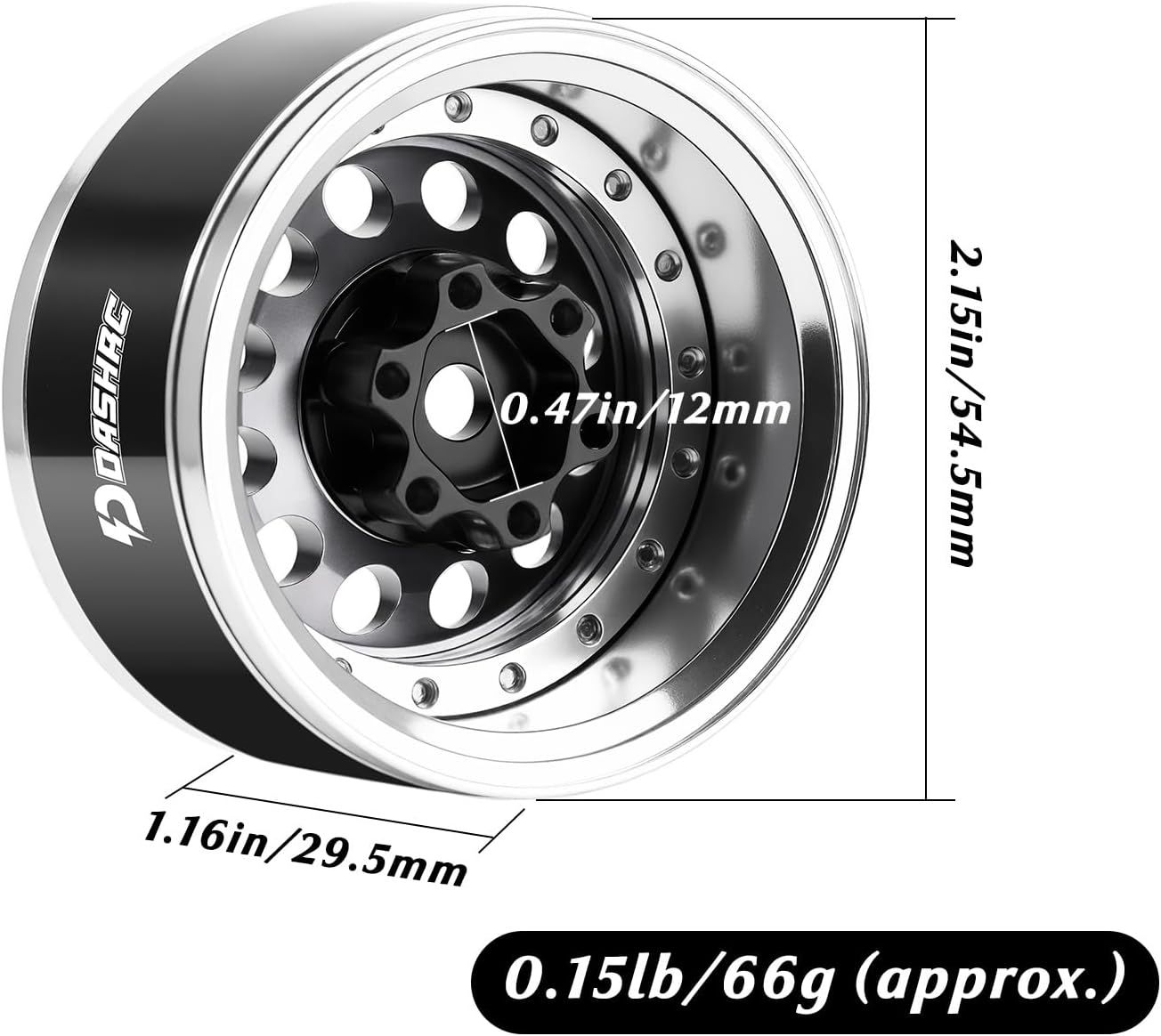 DashRC RC 1.9 Beadlock Wheels, Aluminum Alloy Adjustable Negative Offset Rims for 1/10 RC Crawlers, Gunmetal Center