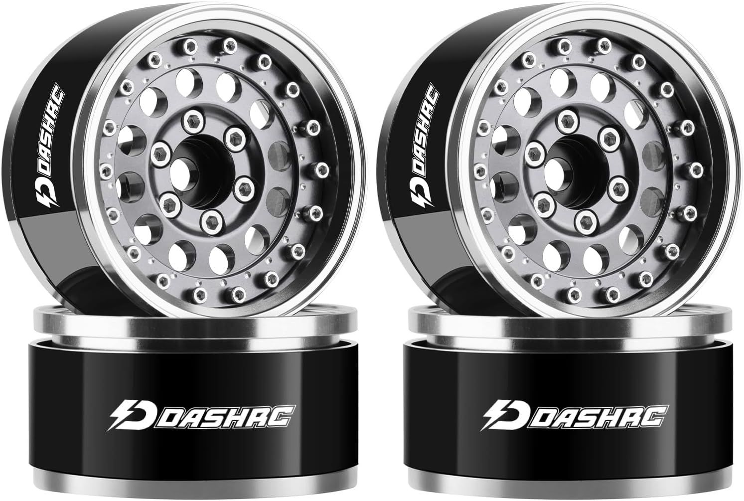 DashRC RC 1.9 Beadlock Wheels, Aluminum Alloy Adjustable Negative Offset Rims for 1/10 RC Crawlers, Gunmetal Center