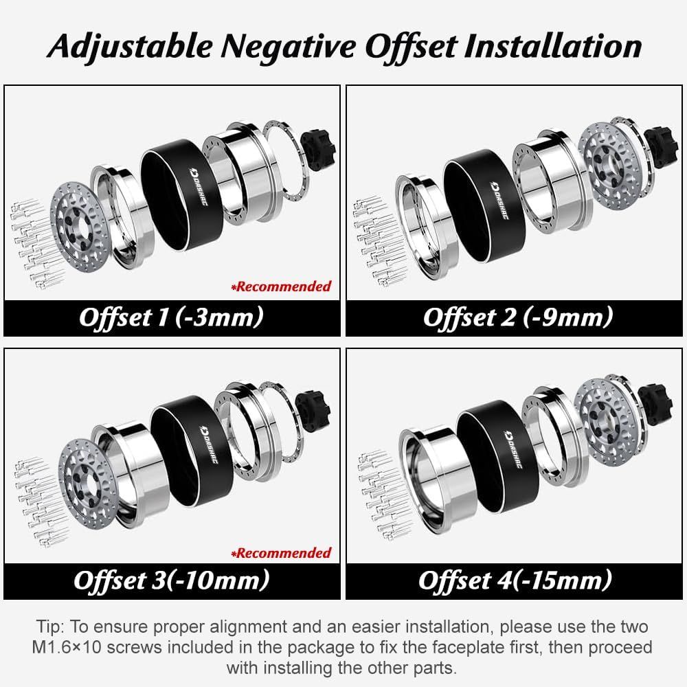 DashRC RC 1.9 Beadlock Wheels, Aluminum Alloy Adjustable Negative Offset Rims for 1/10 RC Crawlers, Gunmetal Center